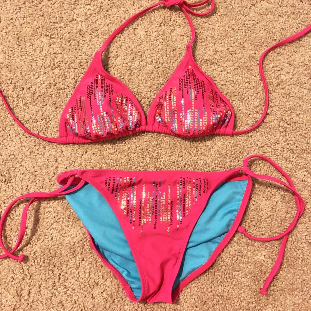 Hot pink sequin string bikini set